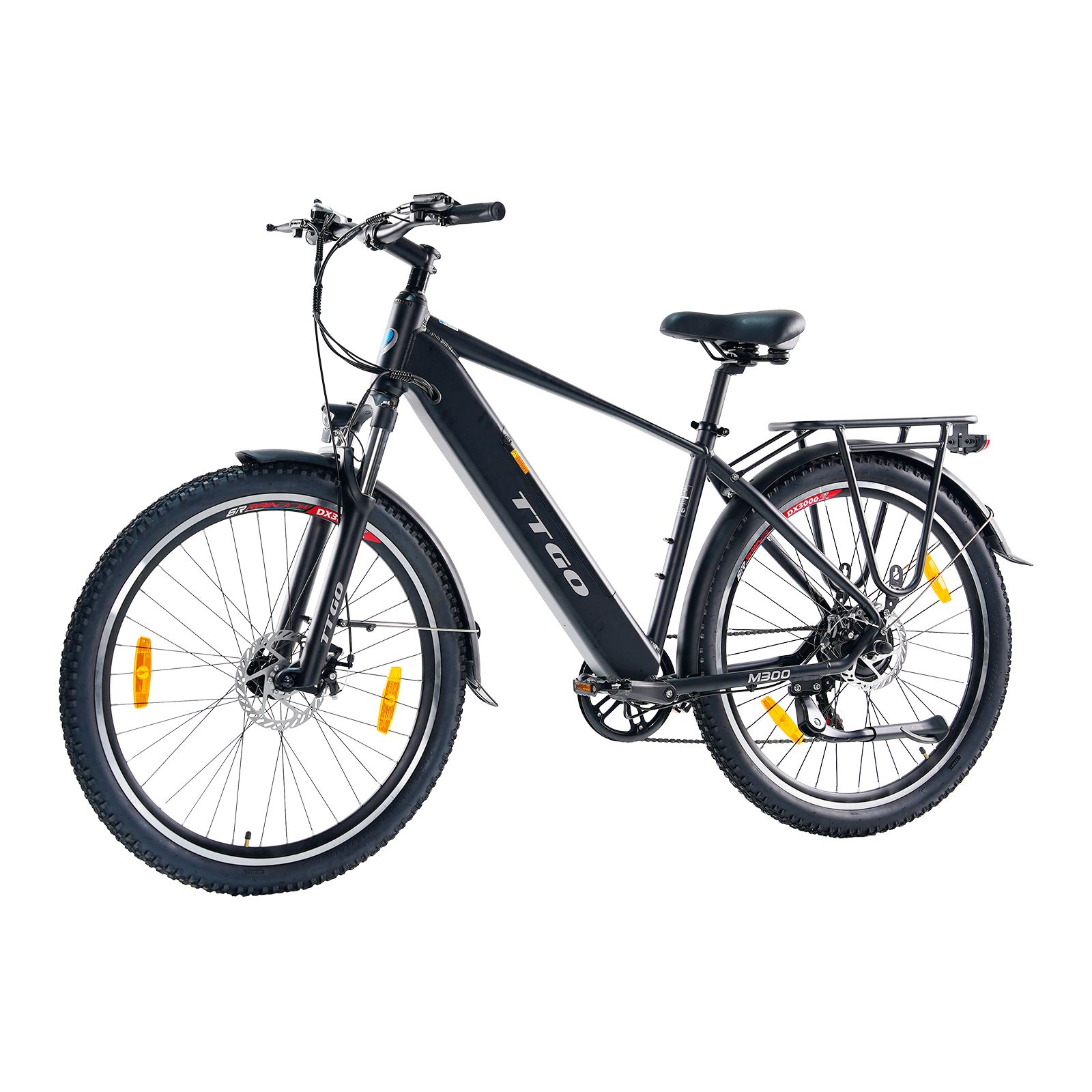 Zwarte TTGO M300 elektrische fiets. Bagagedrager, spatborden, gele reflectoren. Kenda banden.