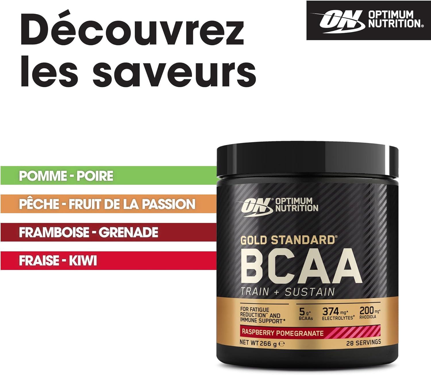 Aperçu des saveurs d'Optimum Nutrition BCAA Train+Sustain.