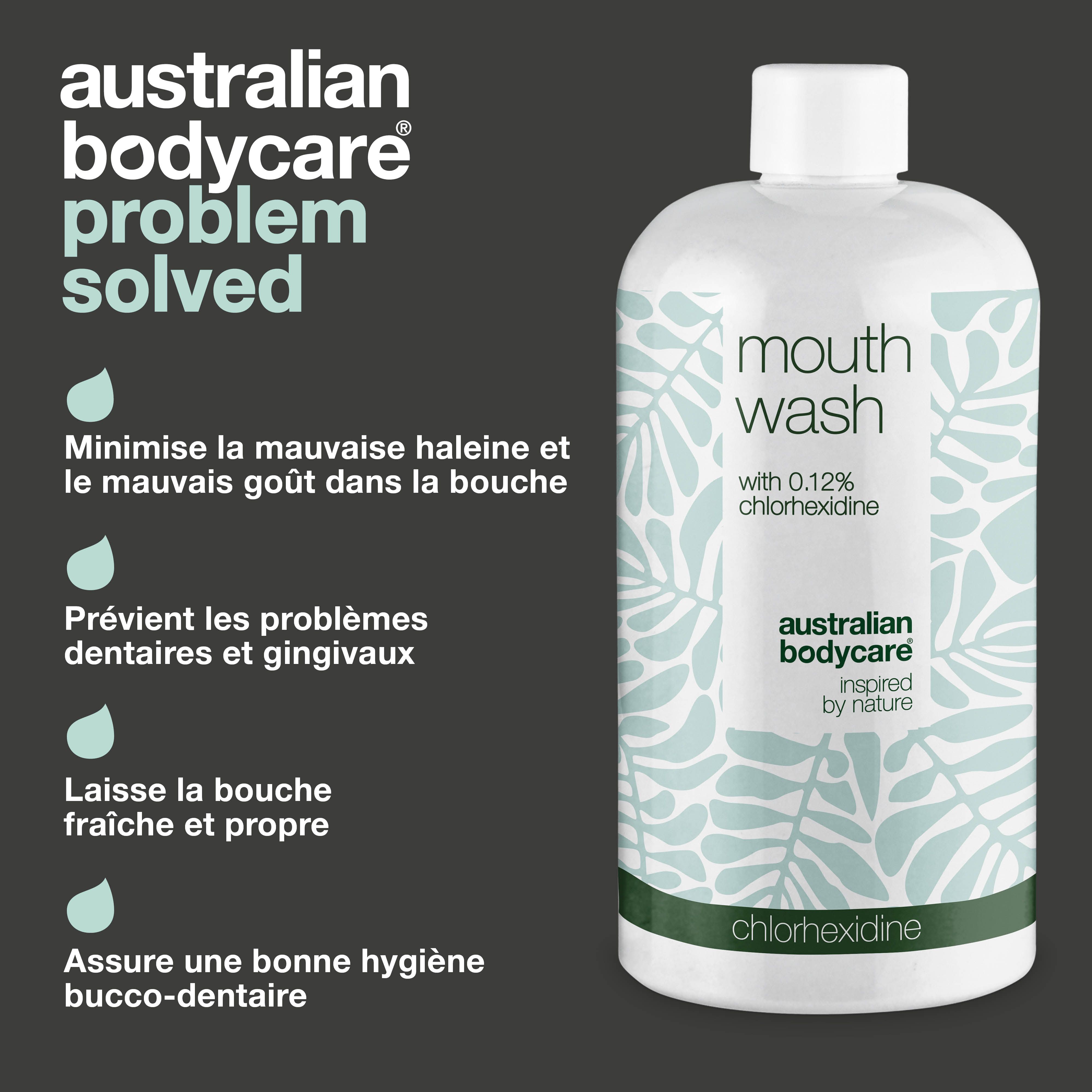 Flacon de produit avec texte : réduit la mauvaise haleine, prévient les problèmes de gencives, rafraîchit. Australian Bodycare.