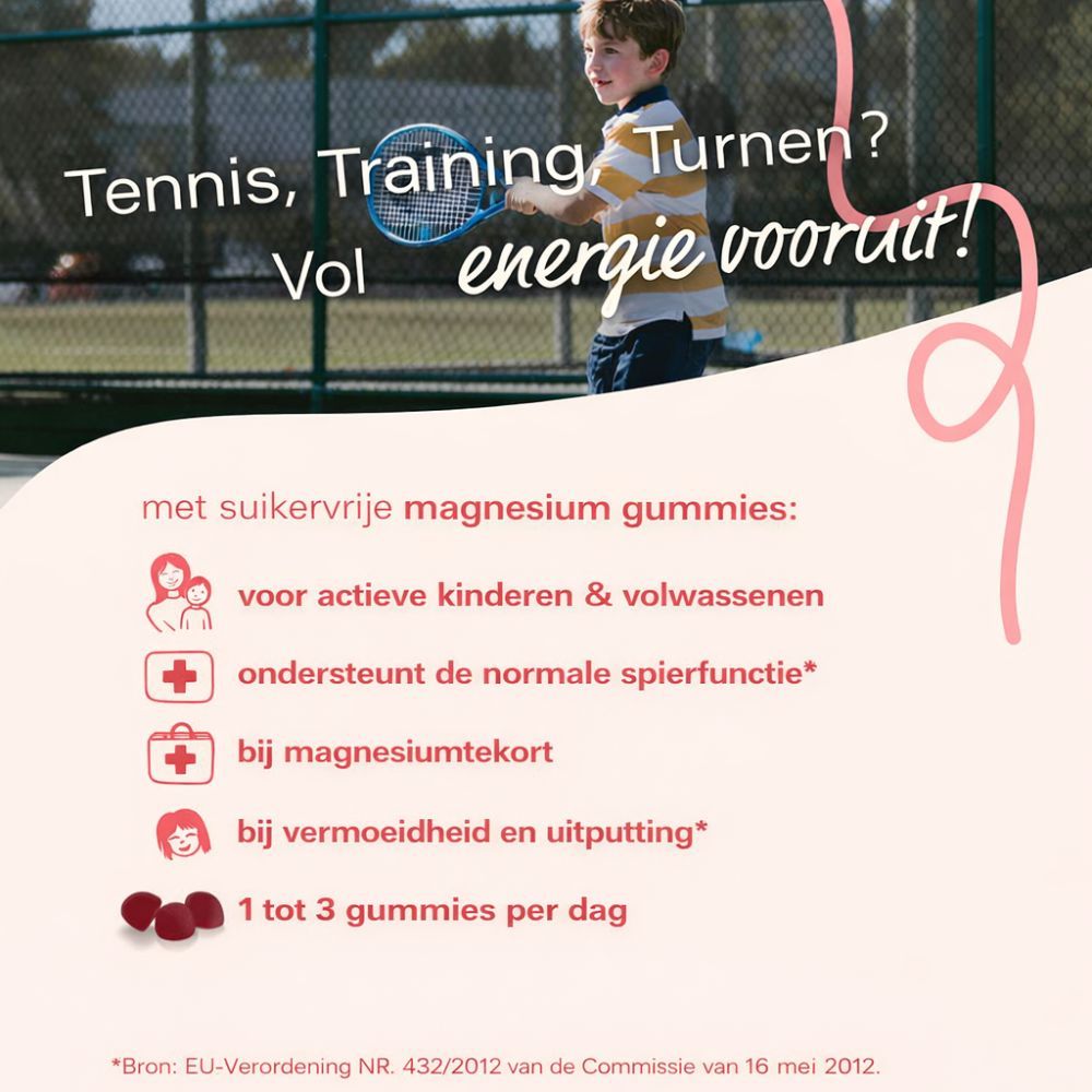Advertentie met kind dat tennis speelt. Tekst: Magnesium Gummies suikervrij. Voor actieve kinderen & volwassenen. Rode gummies.