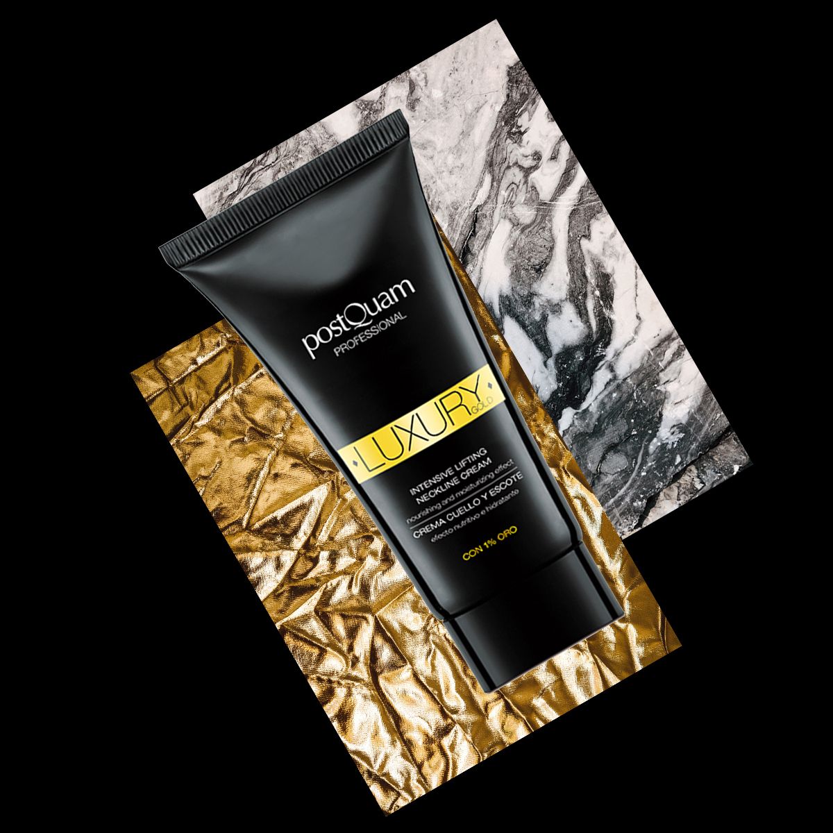 Tube noir sur fond doré et marbré. Texte: Postquam Professional, Luxury, Intensive Lifting Neckline Cream, 1% Gold.