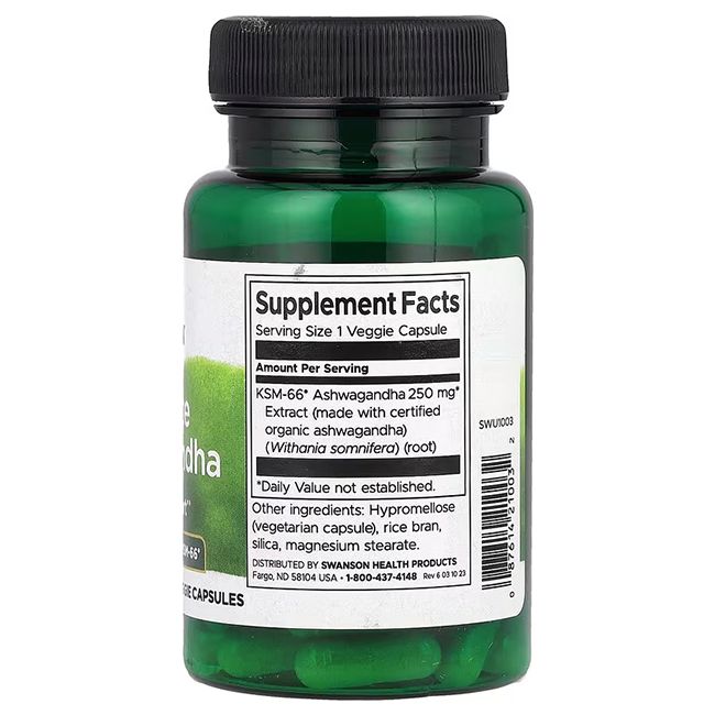 Achterkant van groene fles. Label met voedingsfeiten, ingrediënten en "SWANSON Health Products".