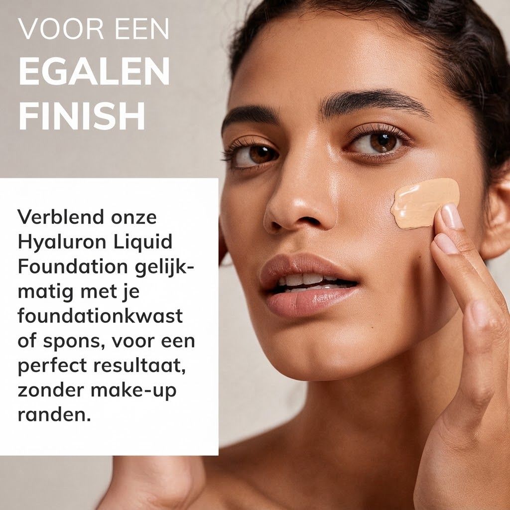 Vrouw brengt vloeibare foundation aan op haar wang.
