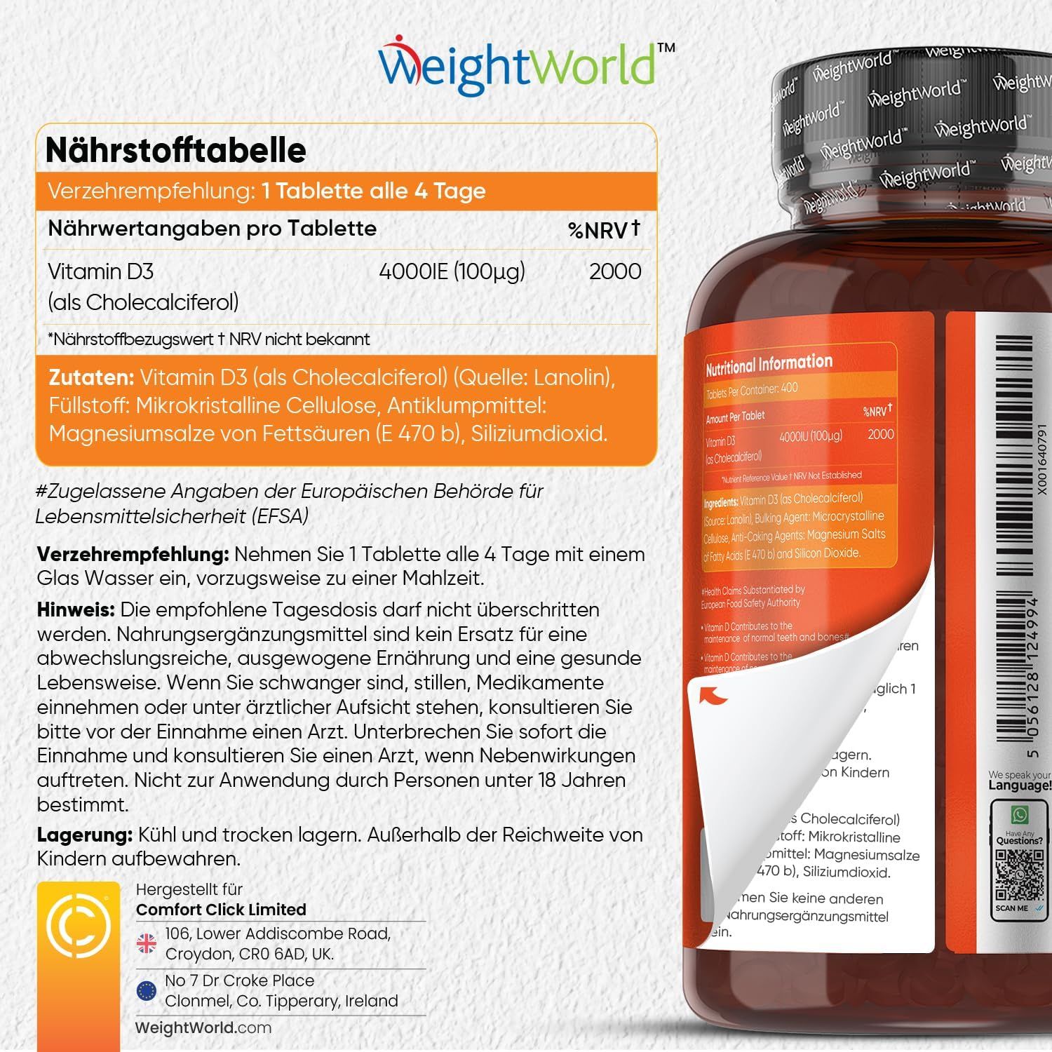 Voedingstabel en informatie over vitamine D3. Fles vitamine D3. Tekst: WeightWorld.