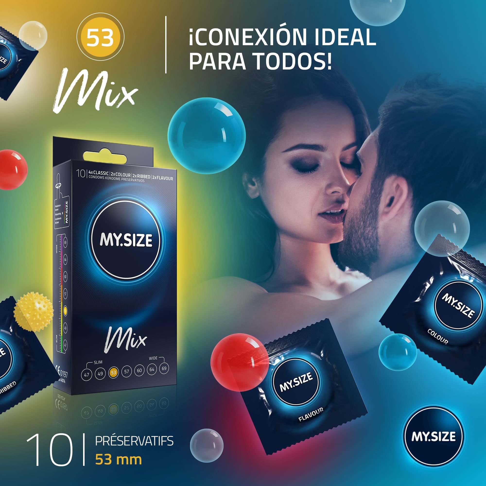 MY.SIZE Mix: 10 préservatifs, taille 53mm. 4 gammes: Classic, Colour, Flavour, Ribbed.