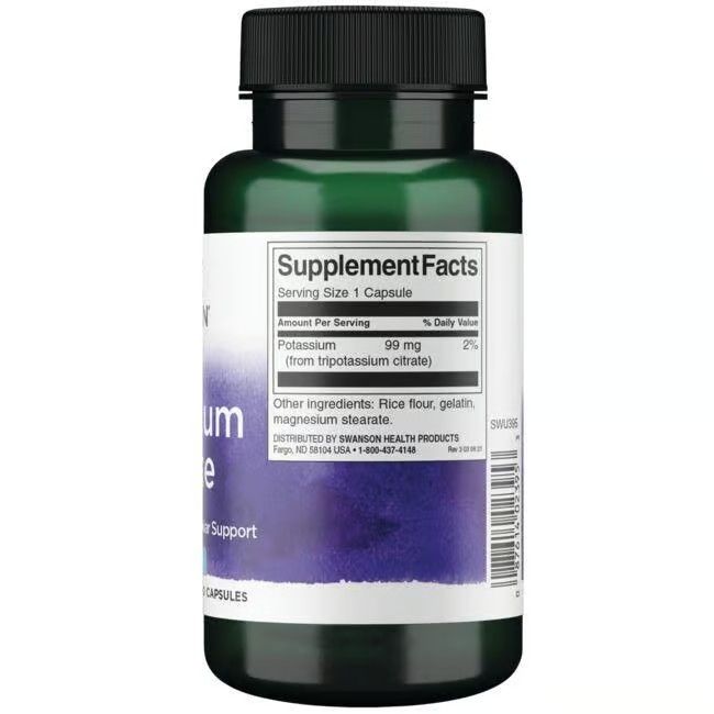 Dos du flacon vert. Étiquette avec informations nutritionnelles: Potassium 99 mg. Autres ingrédients: farine de riz, gélatine, stéarate de magnésium.