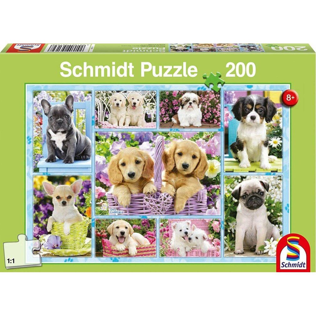 Boîte de Schmidt Puzzle 200. Puzzle avec chiots dans paniers et fleurs. Recommandation d'âge 8+.