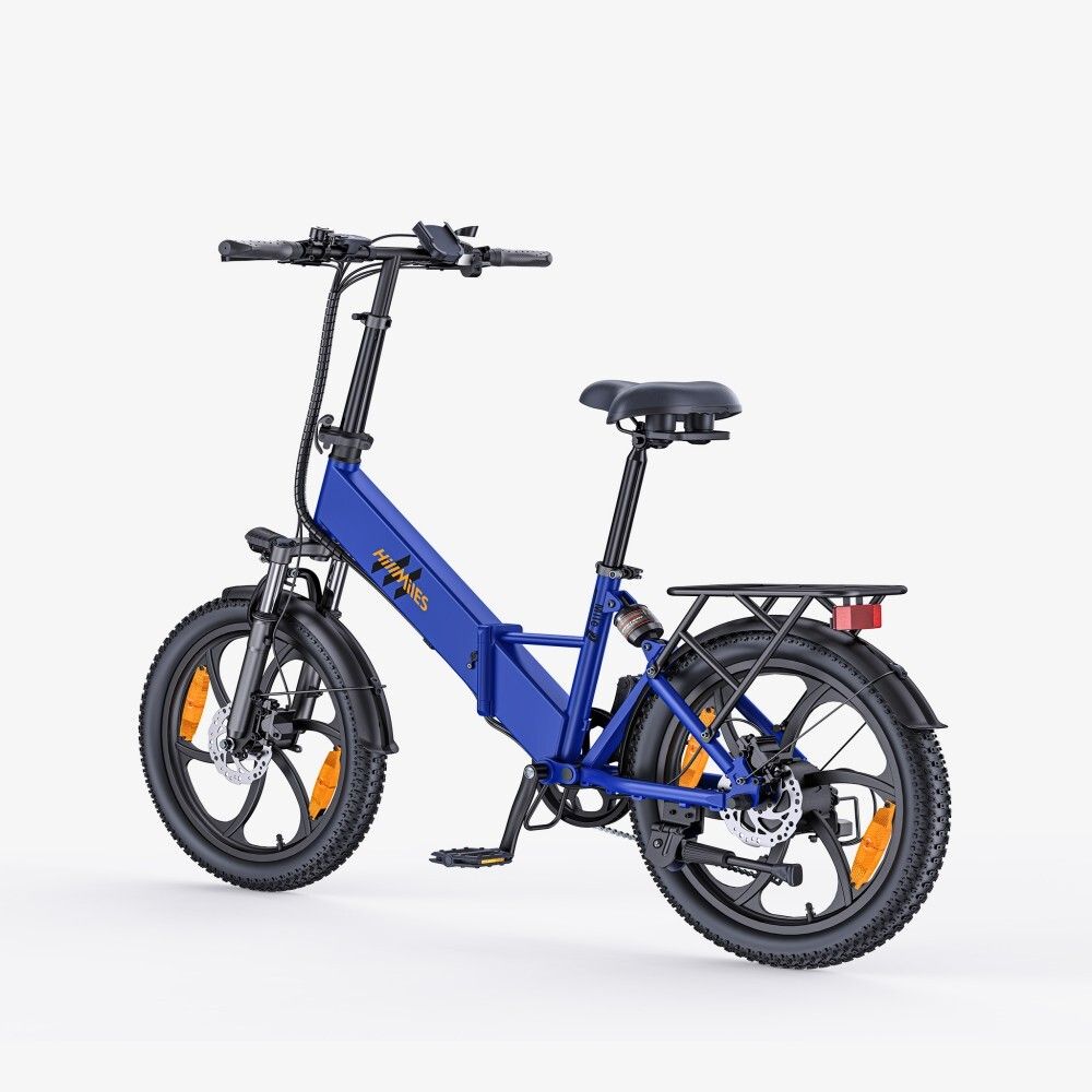 Vélo électrique bleu avec pneus noirs, porte-bagages. Marque HillMiles.