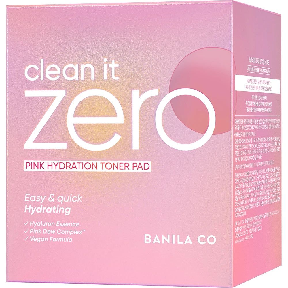 Roze verpakking met "Clean it Zero Pink Hydration Toner Pad". Tekst: BANILA CO.
