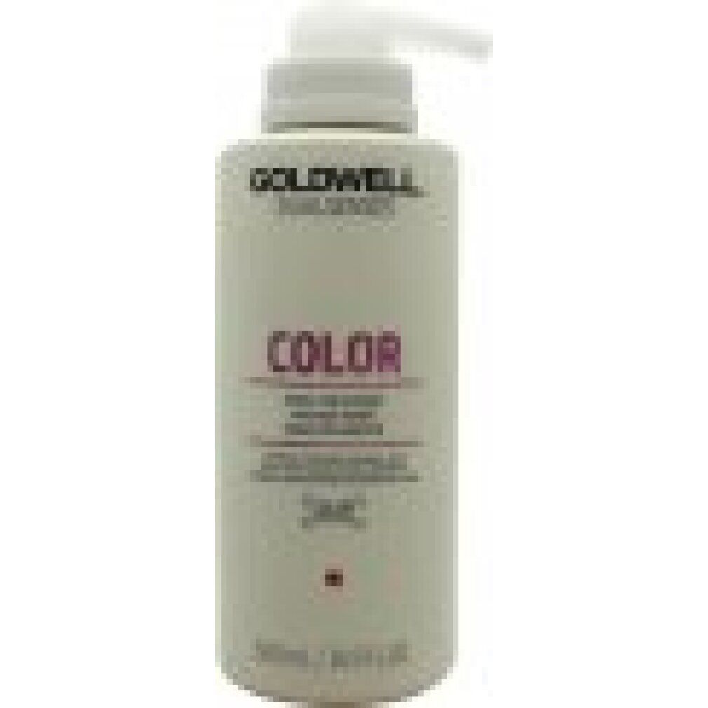 Witte fles met pomp. Opschrift: GOLDWELL DUALSENSES COLOR. Tekst en rood vierkant. 500ml/16.9 fl.oz.