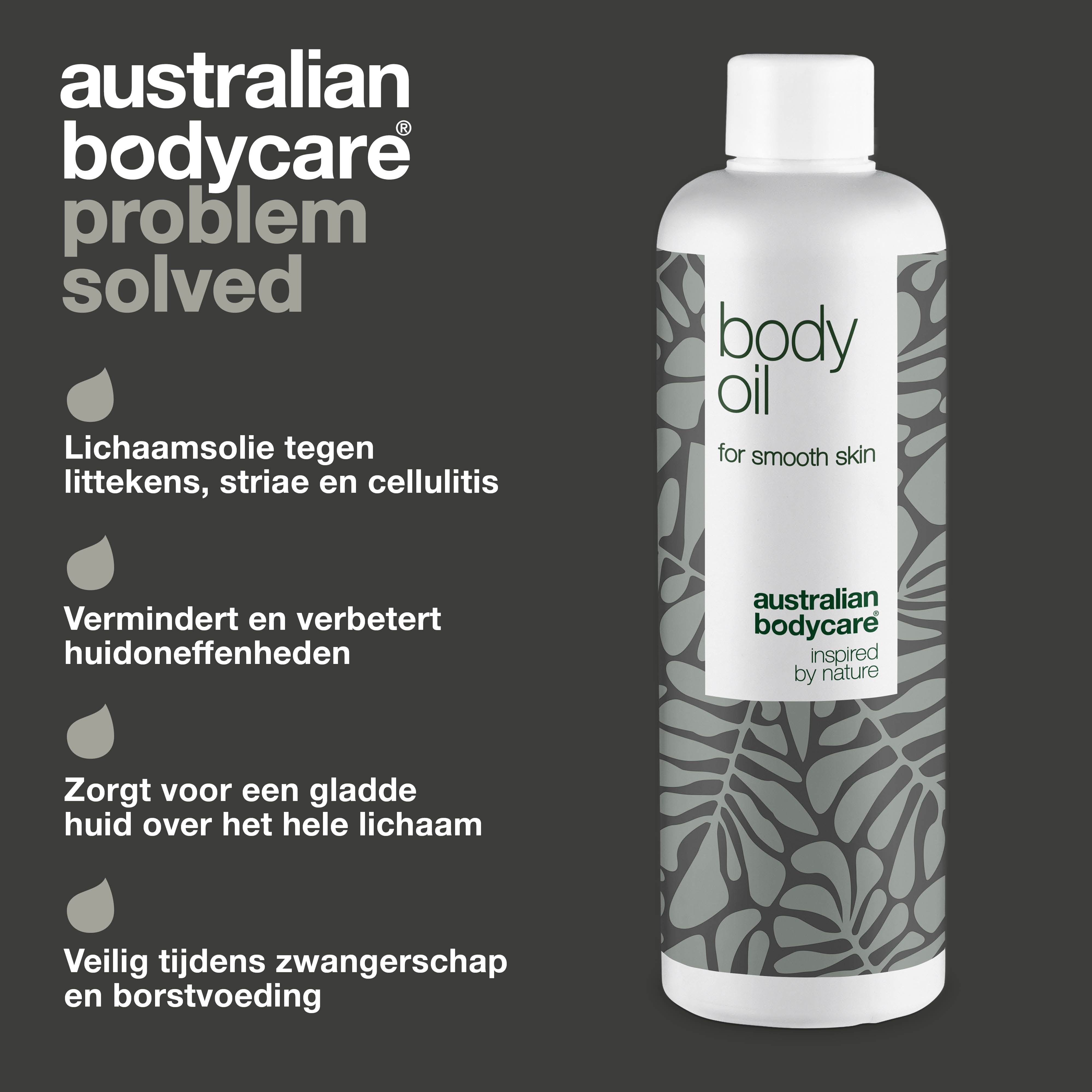 Product met tekst en infographic. Opschrift: body oil, australian bodycare.
