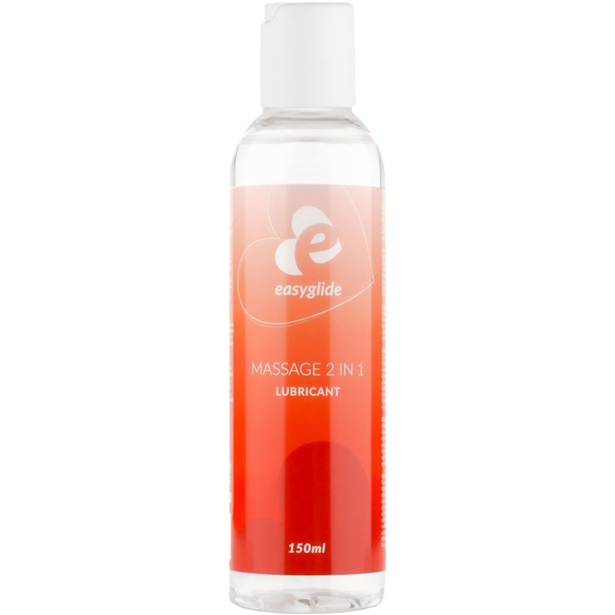 Flacon transparent avec bouchon blanc. Étiquette dégradée rouge, nom du produit et logo. Inscription : Massage 2 en 1 Lubricant.