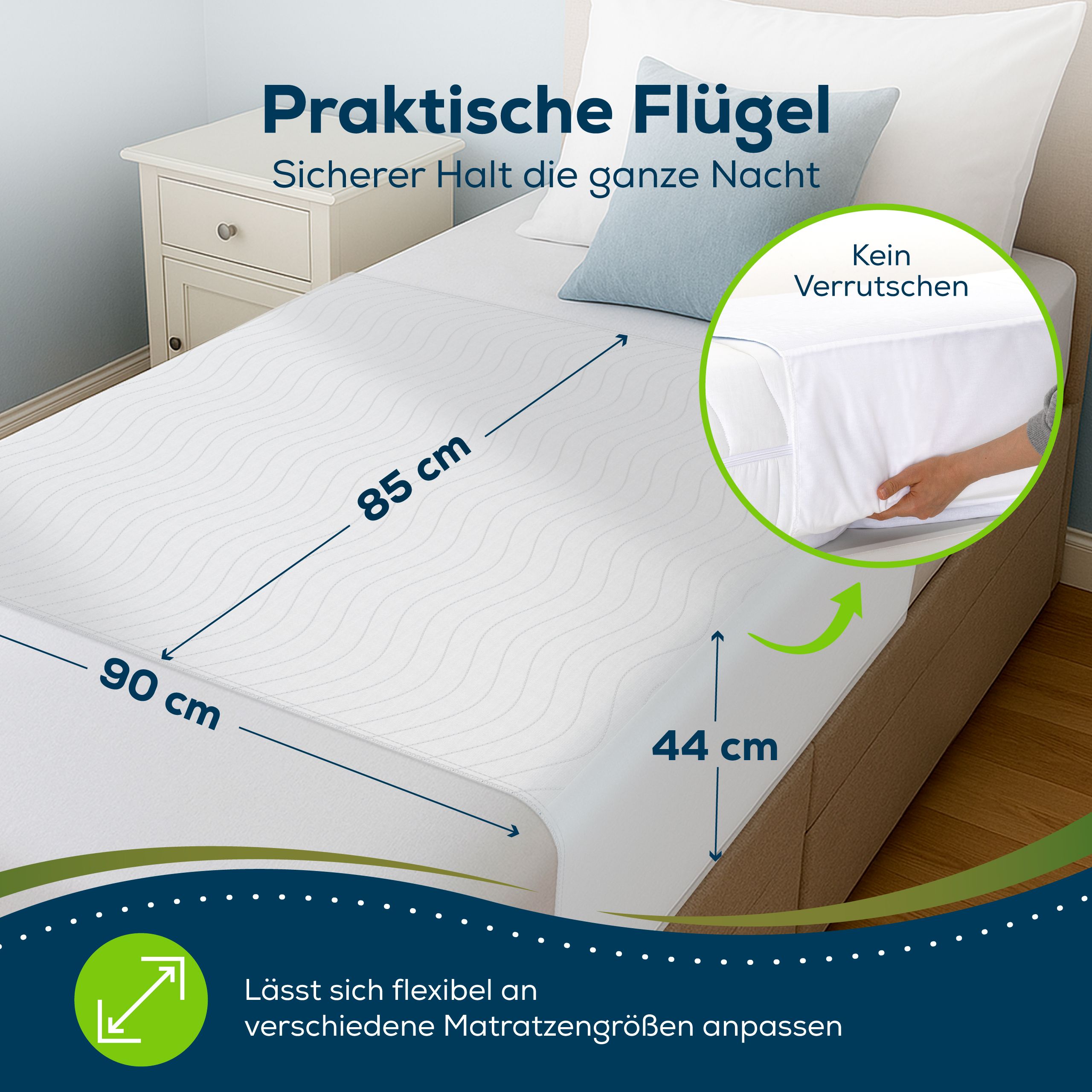 Witte incontinentie onderlegger op bed. Afmetingen: 85x90 cm, 44 cm. Tekst: Praktische vleugels. Geen verschuiving.