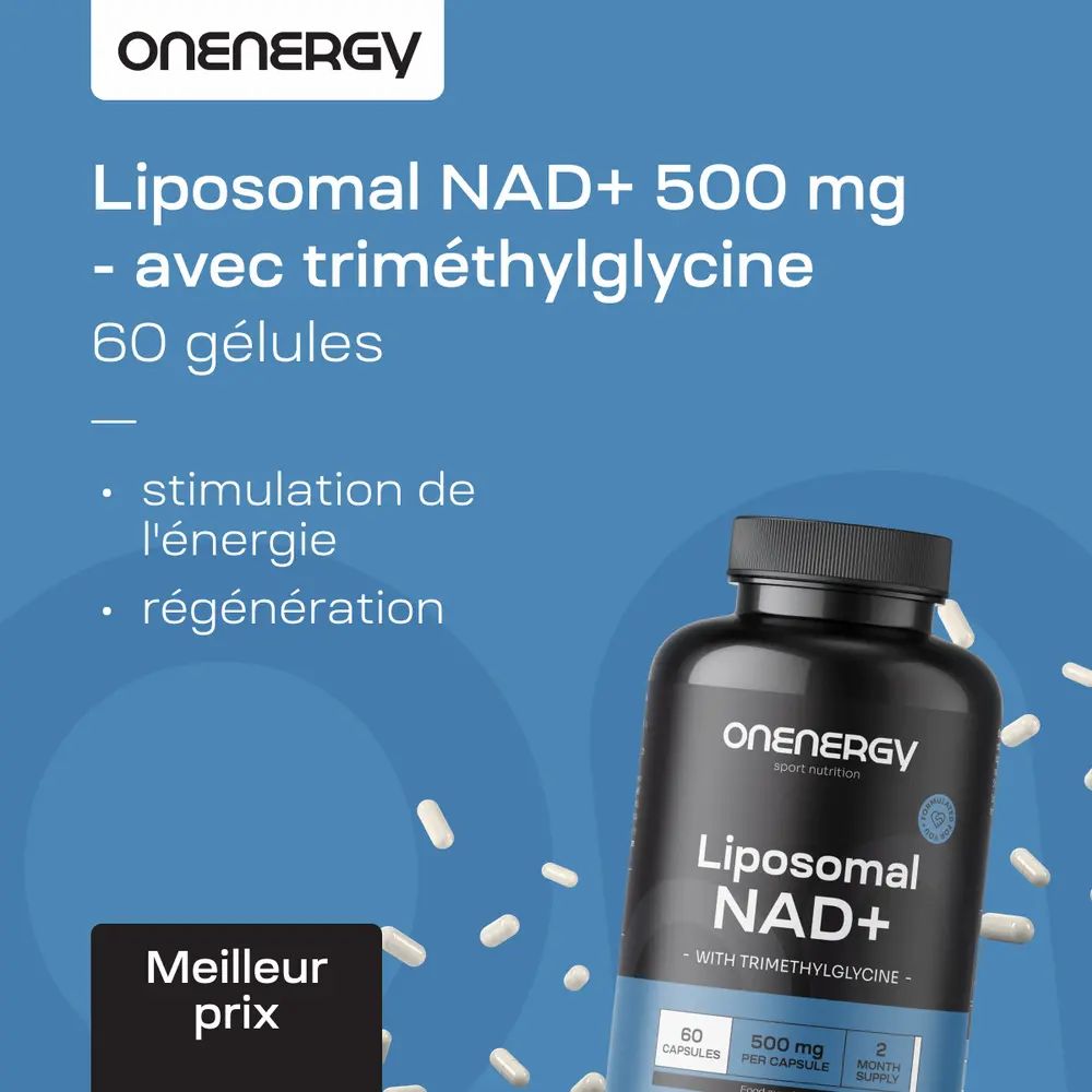 Flacon avec gélules. Inscription: OnEnergy, Liposomale NAD+ avec Triméthylglycine. 60 gélules, 500 mg. Texte: 60 gélules.