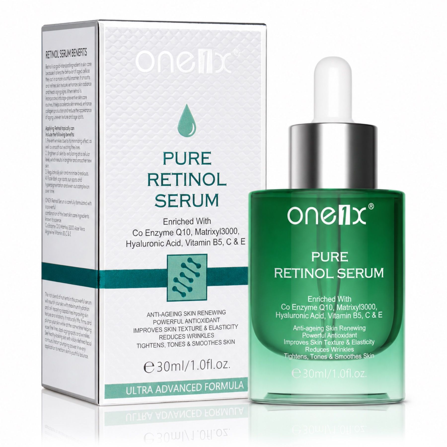 Flacon et boîte de sérum Oneilix Pure Retinol. Contient Coenzyme Q10, Matrixyl3000, Acide Hyaluronique, Vitamines B5, C & E.