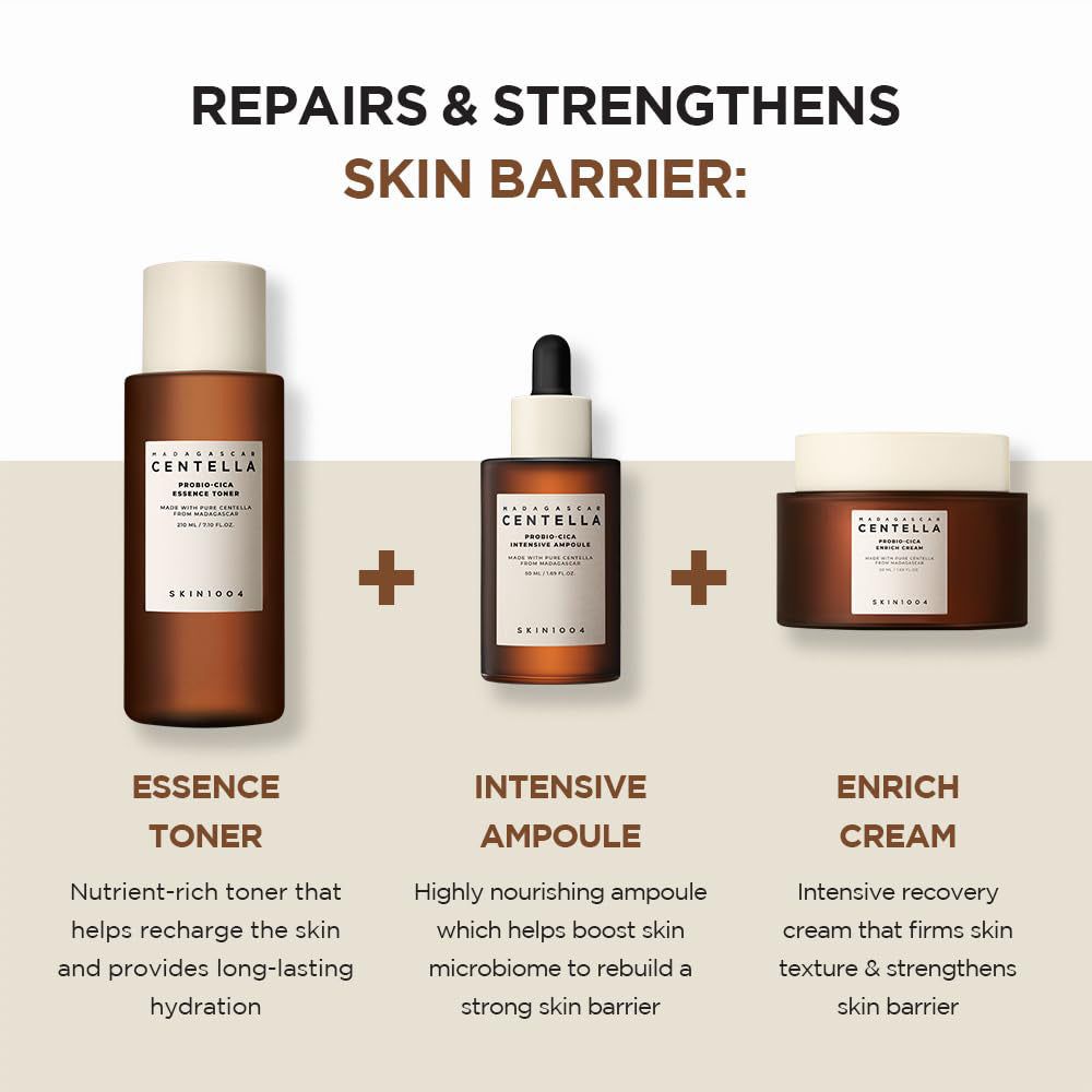 Drie producten: toner, ampul, crème. Tekst: ESSENCE TONER, INTENSIVE AMPOULE, ENRICH CREAM. Huidbarrière wordt hersteld en versterkt.