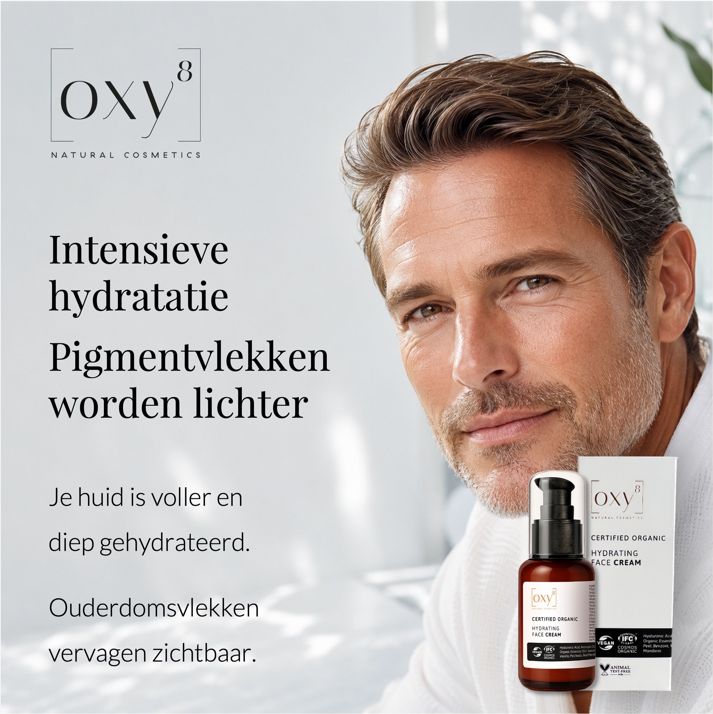 Man met OXY8 dagcrème: Intensieve hydratatie, lichtere pigmentvlekken.