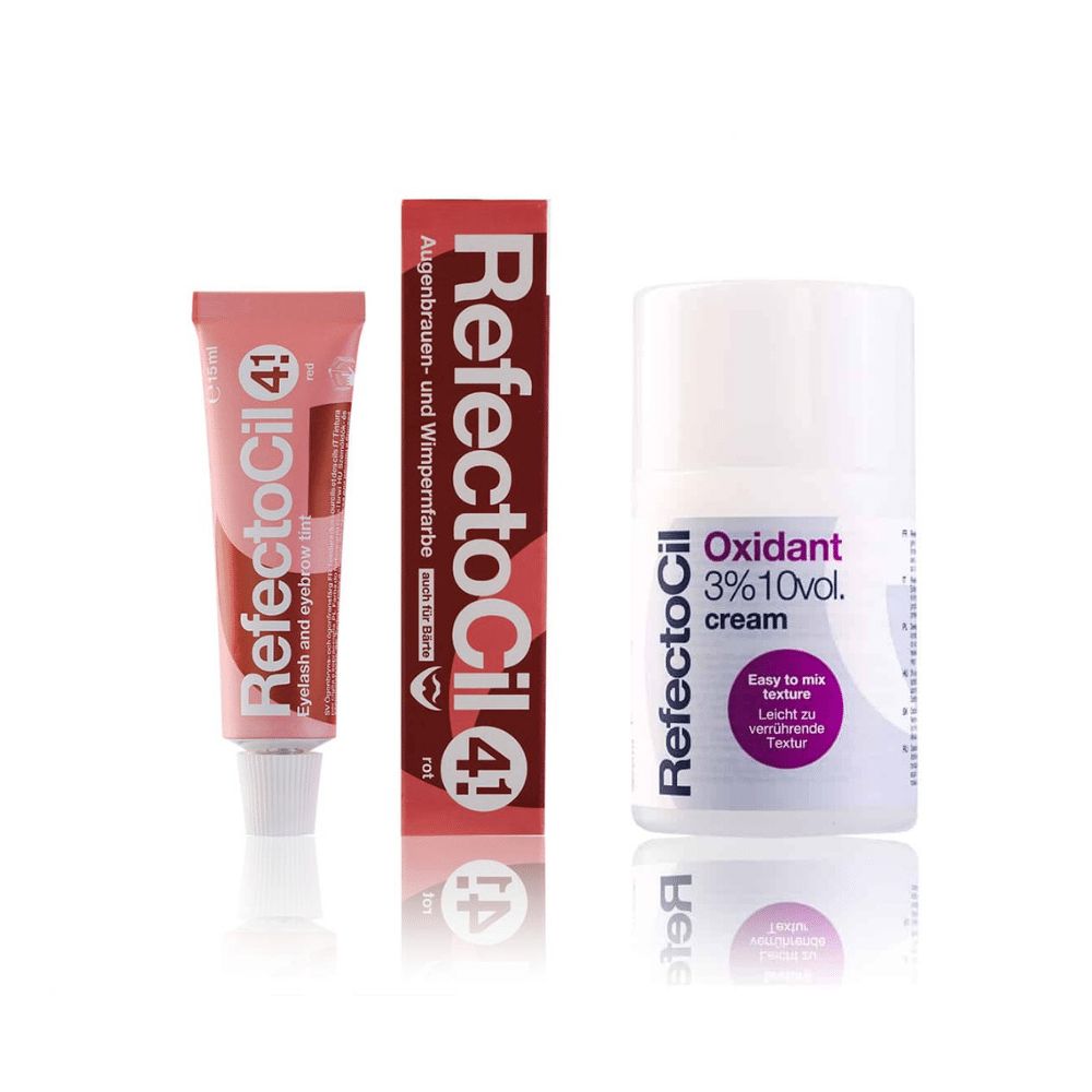 Set met wenkbrauw- en wimperverf en crème. Bevat een tube, een doos en een fles. Opschrift: RefectoCil.