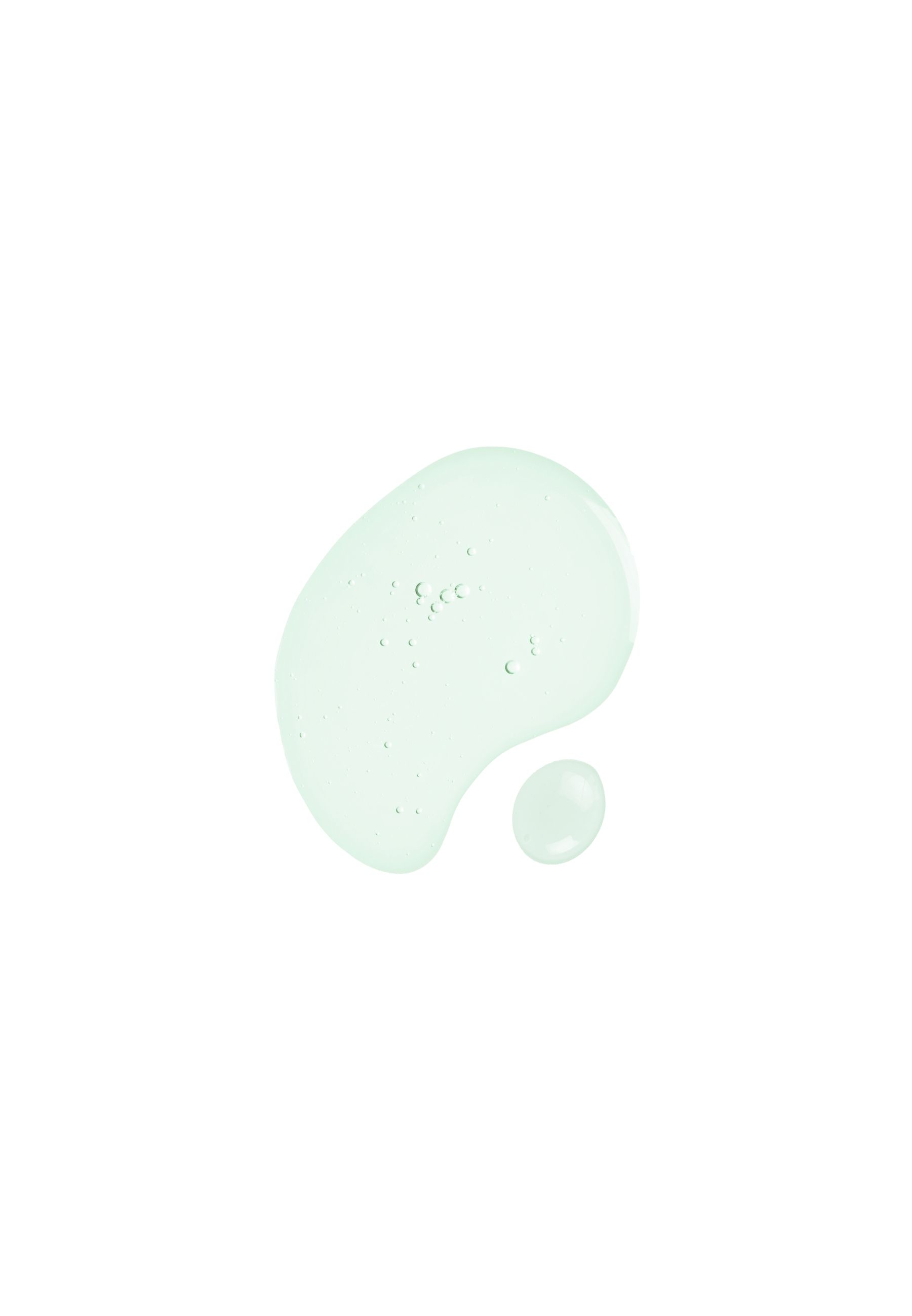 Twee druppels groene vloeistof op witte achtergrond. Een kleinere druppel ernaast.