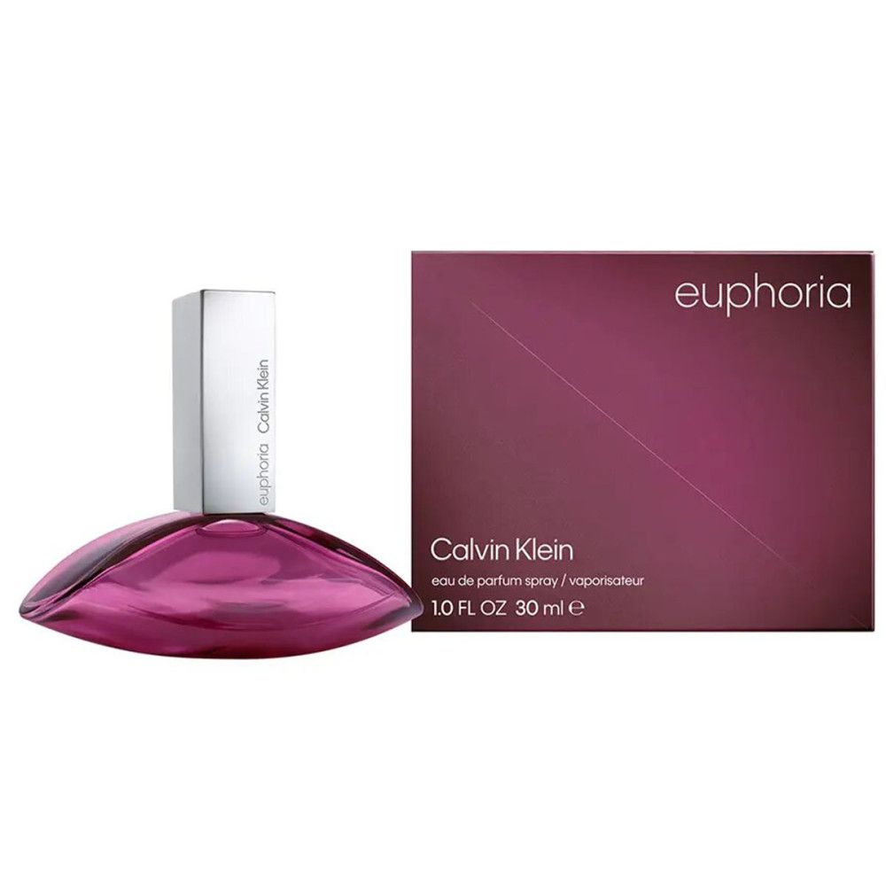 Fles en verpakking van Calvin Klein Euphoria Eau de Parfum Spray. Fles: ovaal, roze. Verpakking: rechthoekig, paars.