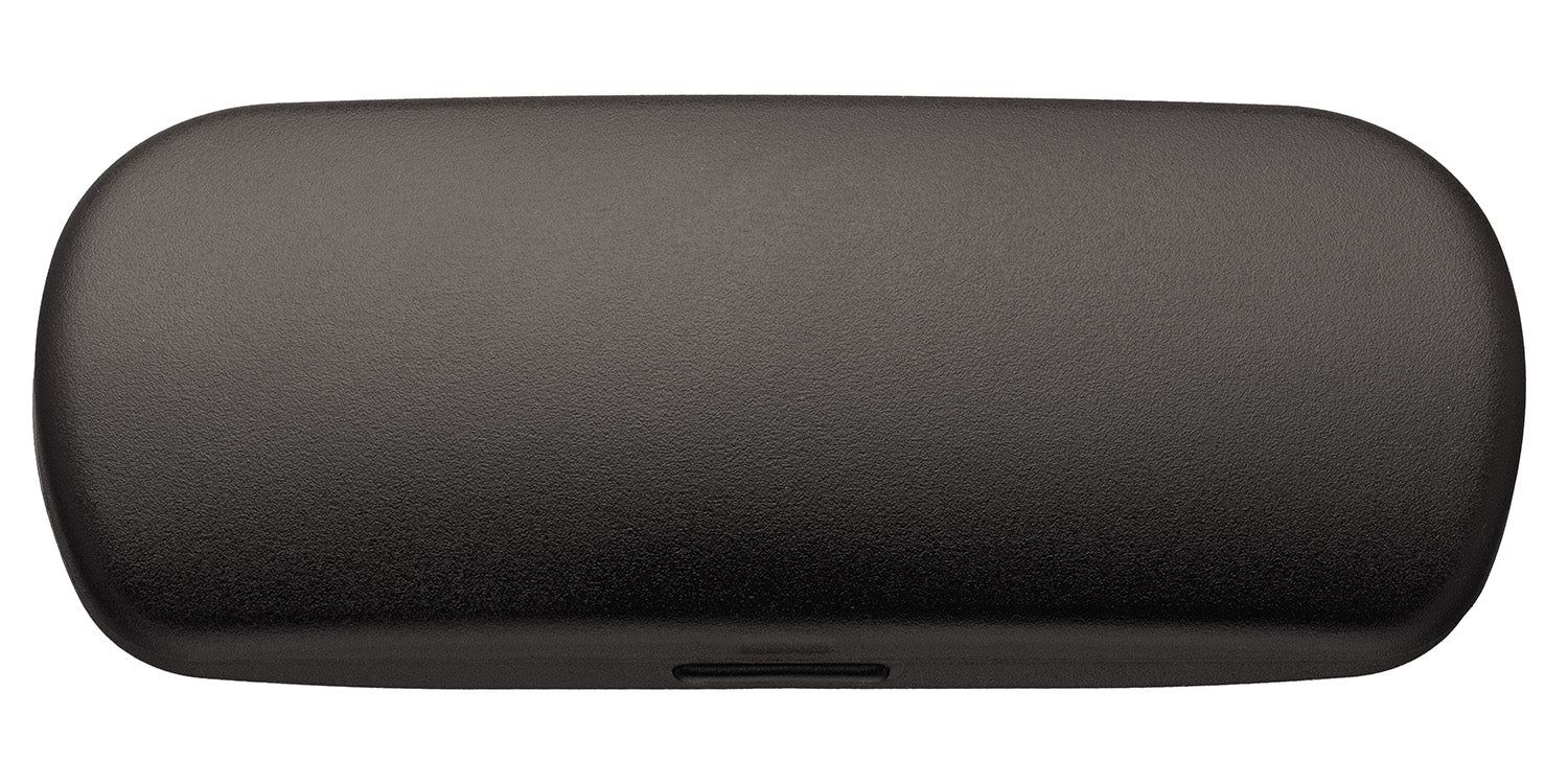 Étui ovale gris foncé en plastique, fermé. Petite encoche sur le devant.