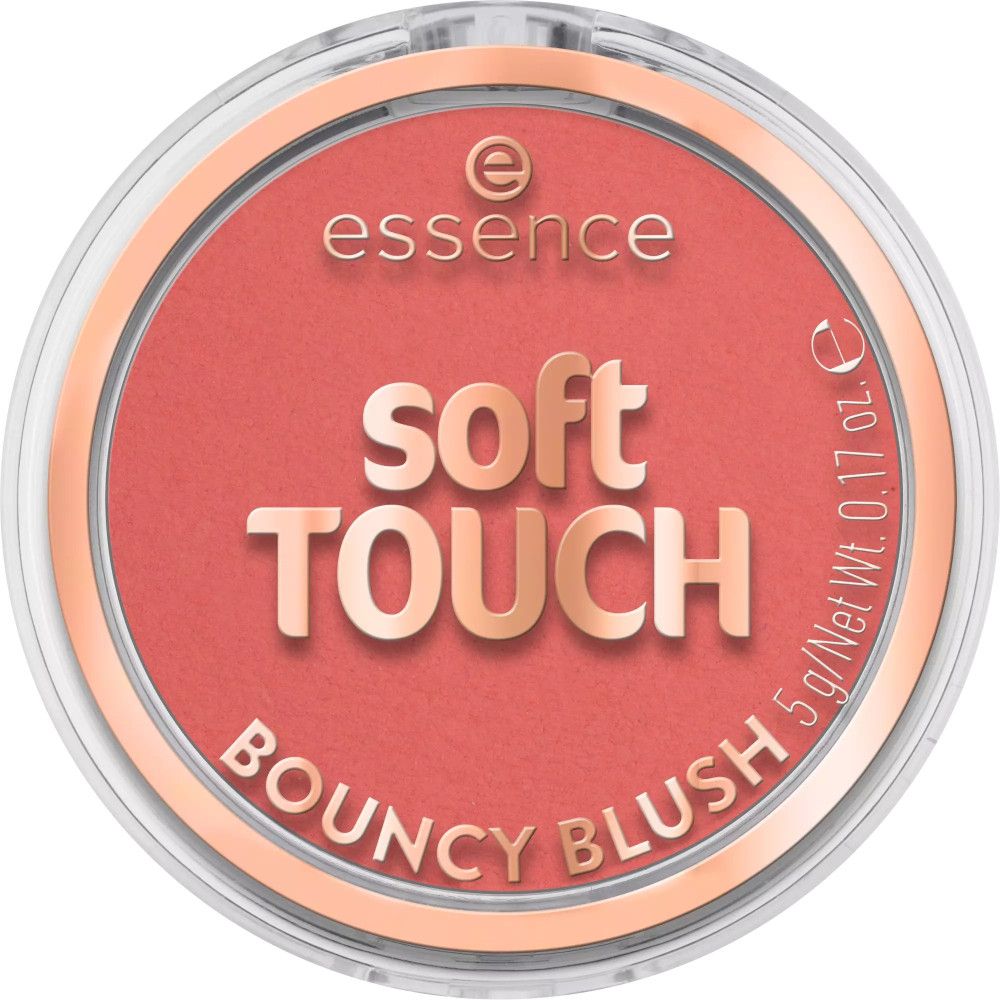 Boîtier de blush rond avec blush rose. "Essence Soft Touch Bouncy Blush" sur le boîtier.