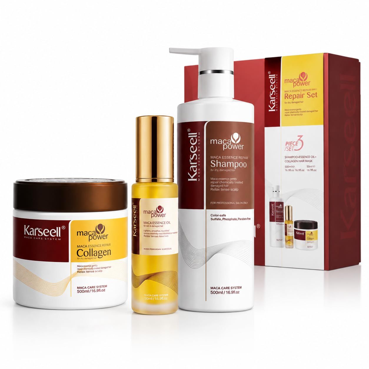 Set Karseell Maca Power Repair : Shampoo, masque et huile essentielle.