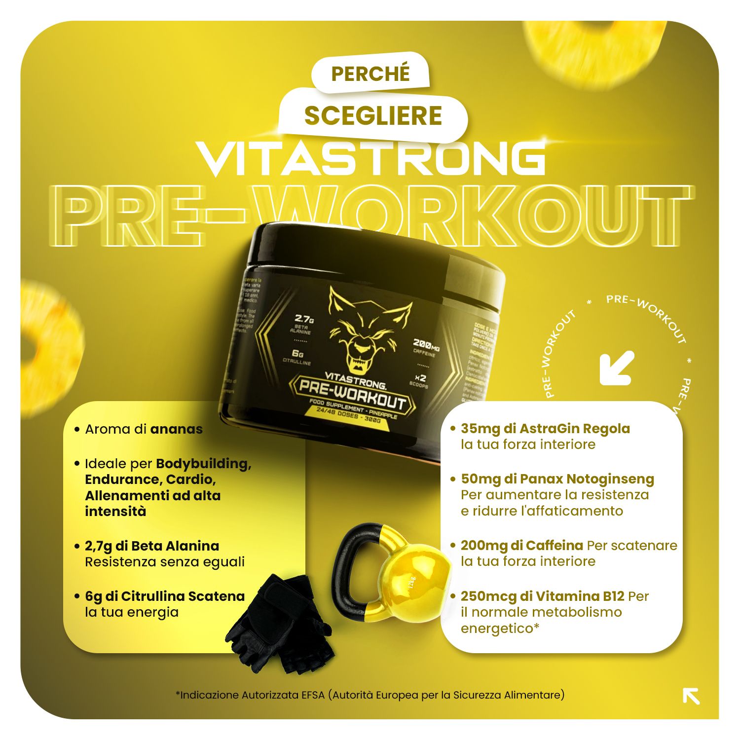 Gele achtergrond met pot en accessoires. Tekst: Vitastrong Pre-Workout. Ingrediënten en voordelen vermeld.