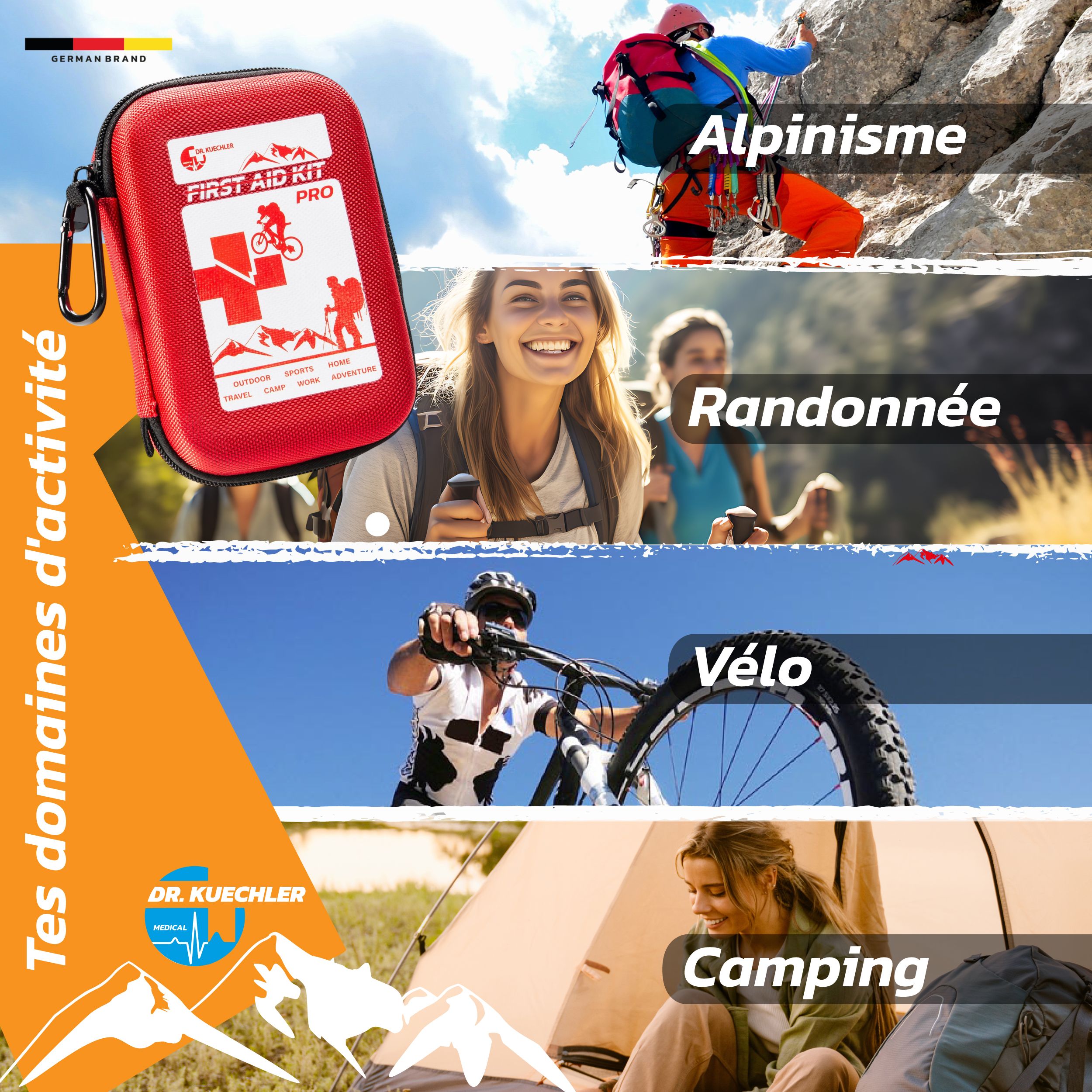 Trousse de premiers secours rouge avec impression blanche. Texte : « FIRST AID KIT PRO ». Avec symboles d'alpiniste et de cycliste.