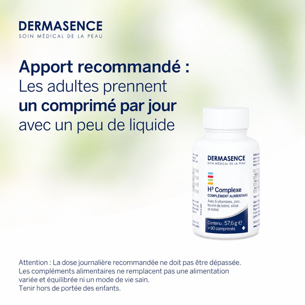 Flacon blanc Dermasence H³ Complexe, contient 90 comprimés.