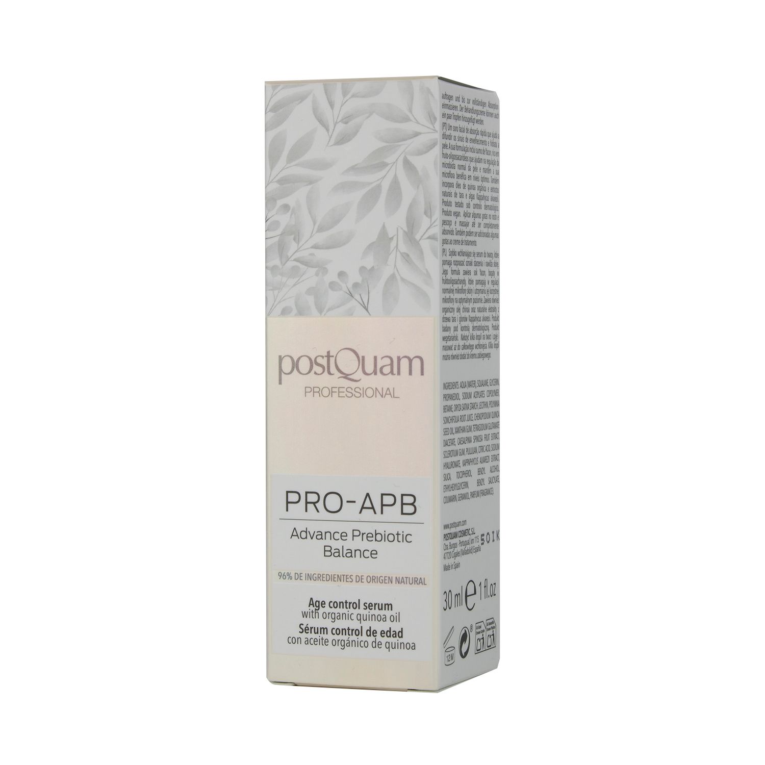 Emballage en carton avec inscription : Postquam, PRO-APB, Advance Prebiotic Balance. Motif de feuilles. 30 ml. Texte multilingue.