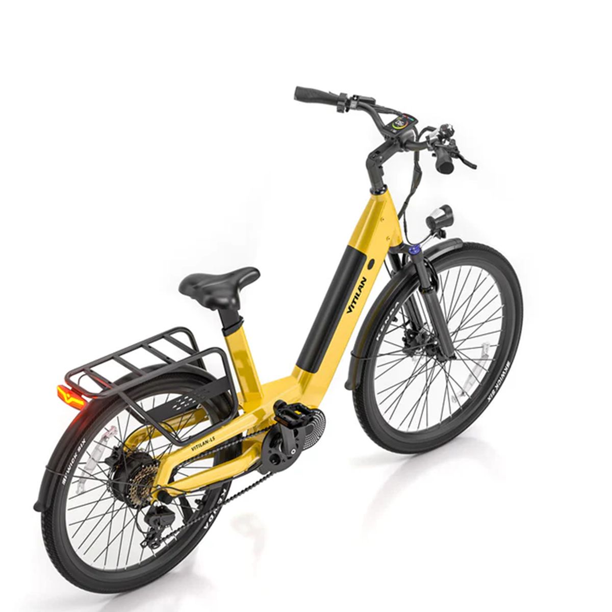 Vélo électrique Vitilan L5 jaune. Pneus noirs, porte-bagages, feu arrière. Vue de dessus.