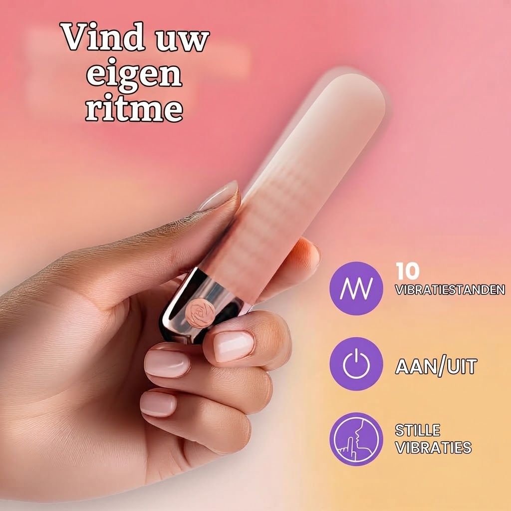 Een roze vibrator met zilveren ring wordt in de hand gehouden. Toont 10 vibratiestanden, aan/uit en stille vibraties.