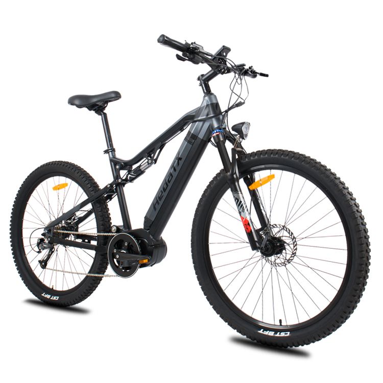 Elektrische mountainbike HedaTX TX11, zwart, middenmotor, 48V 15Ah accu. Zwarte banden, zadel en stuur.