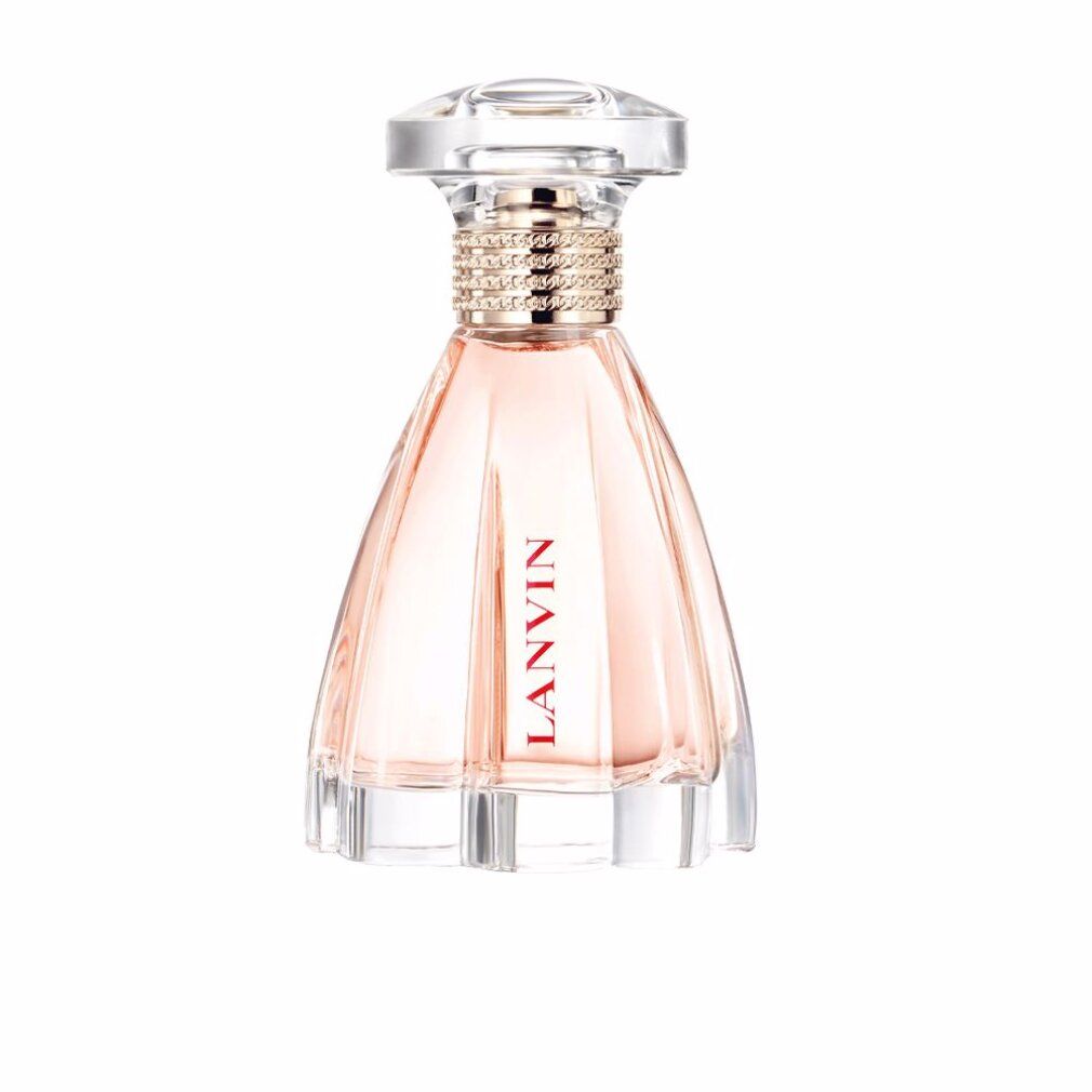 Flacon de parfum en verre. Liquide rose. Bouchon transparent. Anneau doré au col. Inscription rouge LANVIN sur le flacon.