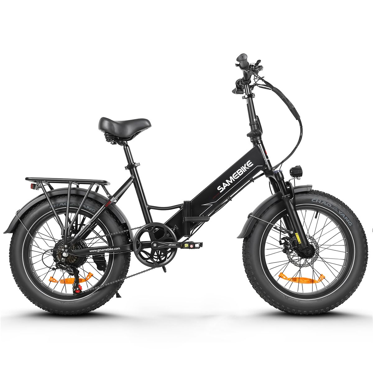 Vélo électrique pliable SAMEBIKE LOTDM200-II noir. Gros pneus, porte-bagages, phare, selle. Boîtier batterie avec logo.