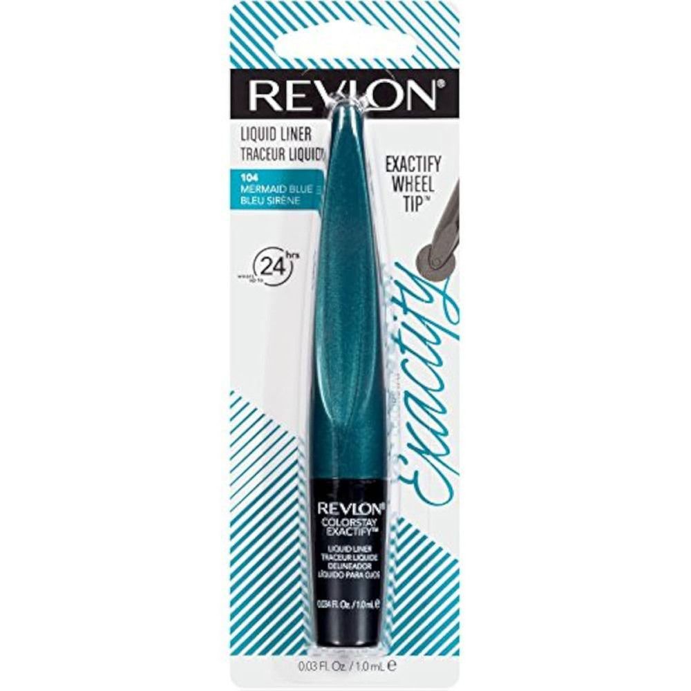 Eyeliner Revlon Colorstay Exactify, bleu sarcelle. Emballage avec texte. Pointe noire. Motif vagues turquoise.