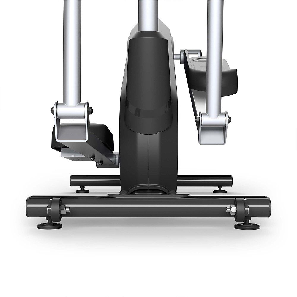 Base de crosstrainer. Base noire, éléments argentés. Pédales, pieds. Sur fond blanc.