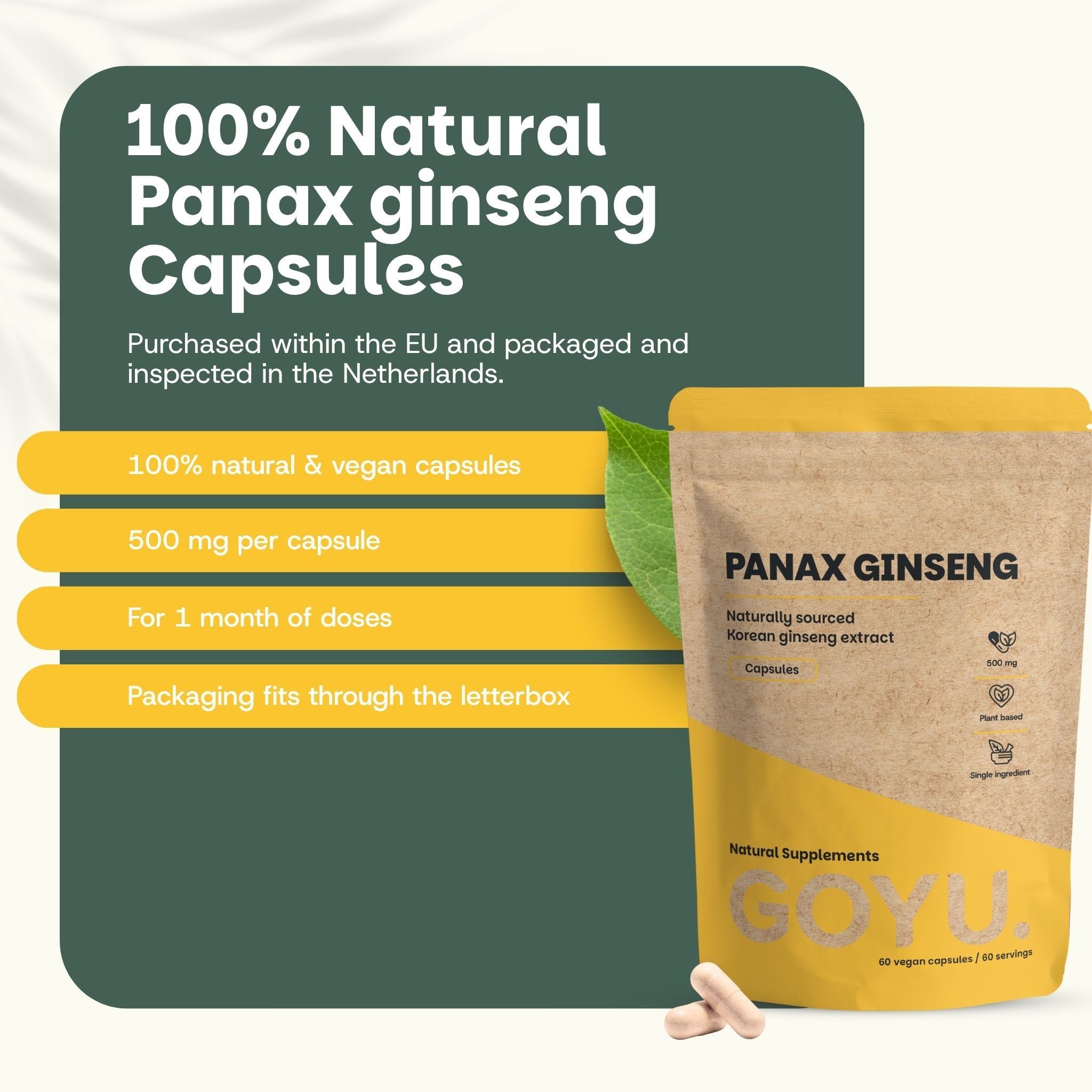 Sachet en papier brun avec capsules de Panax Ginseng. 100% naturel, vegan, 500 mg. Passe par la boîte aux lettres.