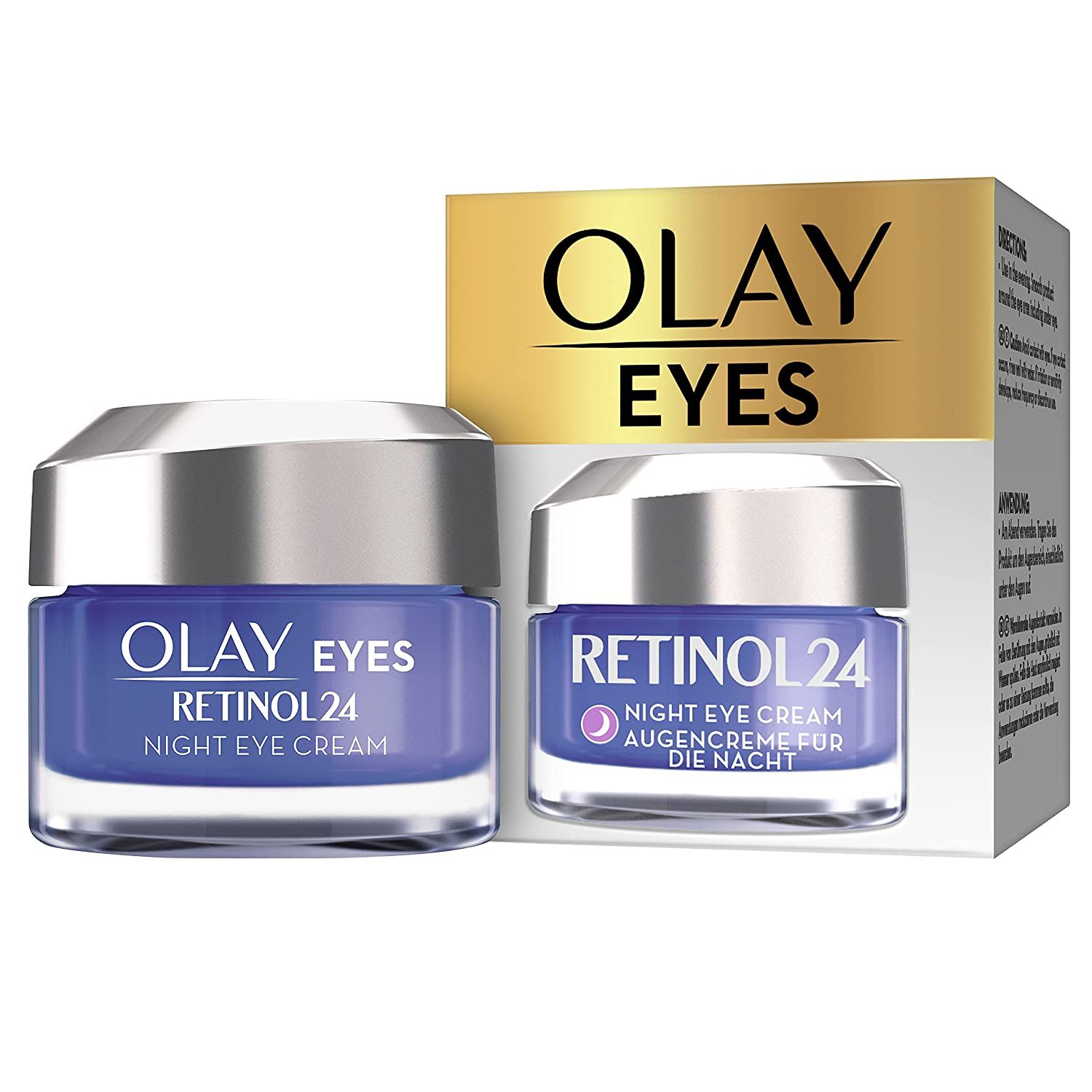 Olay Eyes Retinol24 crème pour les yeux et emballage. Inscription: Olay Eyes Retinol24 Night Eye Cream.