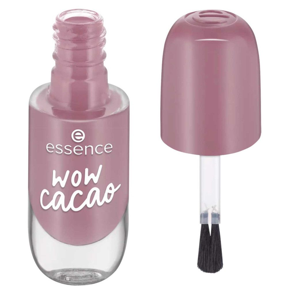 Flacon de vernis à ongles ouvert avec pinceau. Flacon de vernis rose, à côté du bouchon. Inscription : Essence, Wow Cacao.
