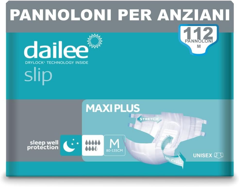 Emballage Dailee Slip Maxi Plus. Emballage bleu avec image du produit et taille M. Texte : PANNOLONI PER ANZIANI.
