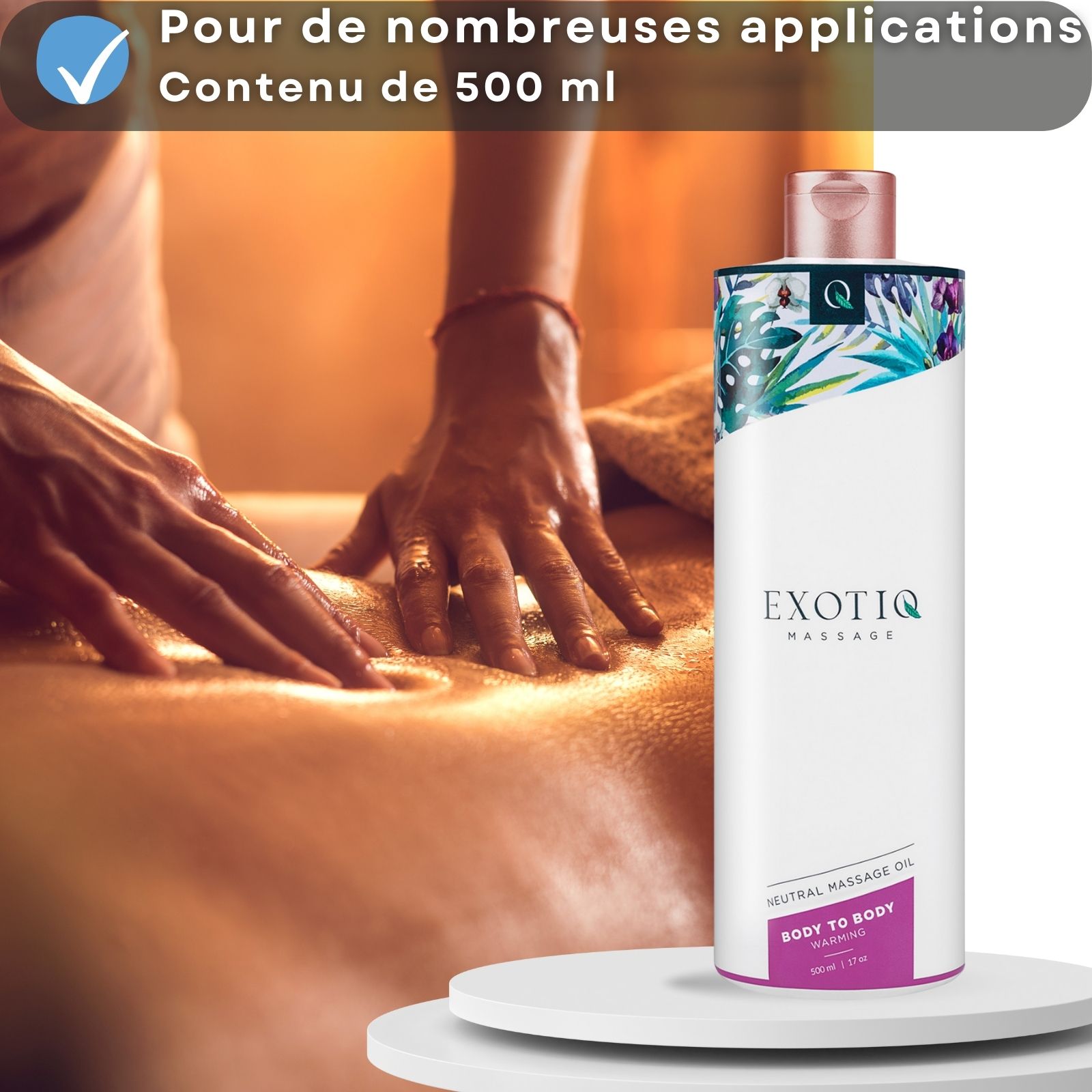 Massage sur le dos. Flacon d'huile de massage. Texte : Body to Body Warming.
