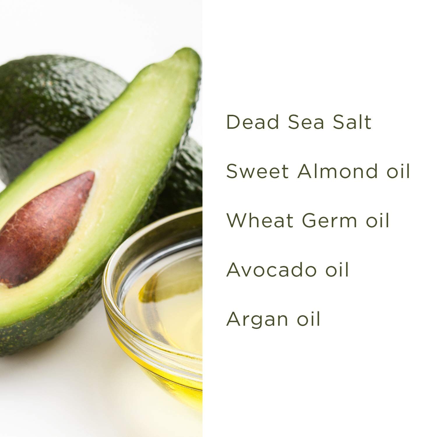 Avocado en olie naast tekst: Dead Sea Salt, Sweet Almond oil, Wheat Germ oil, Avocado oil, Argan oil.