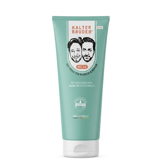 Kalter Bruder koelgel tube met twee mannengezichten en "RELAX"-opschrift. Dermatologisch getest.