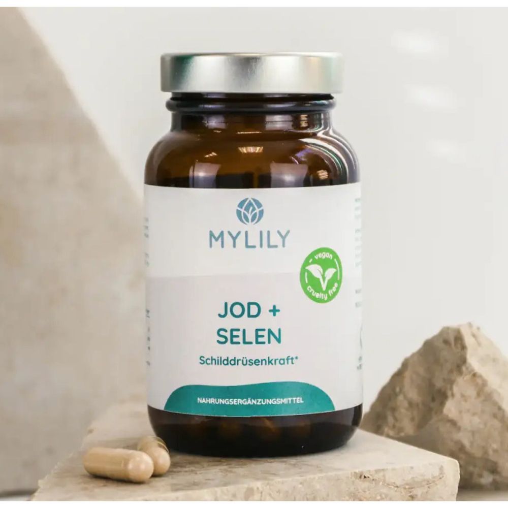 Bouteille en verre brun avec étiquette blanche pour Iode + Sélénium, force thyroïdienne. Contient des gélules. Logo "MYLILY" et sceau Vegan visibles.