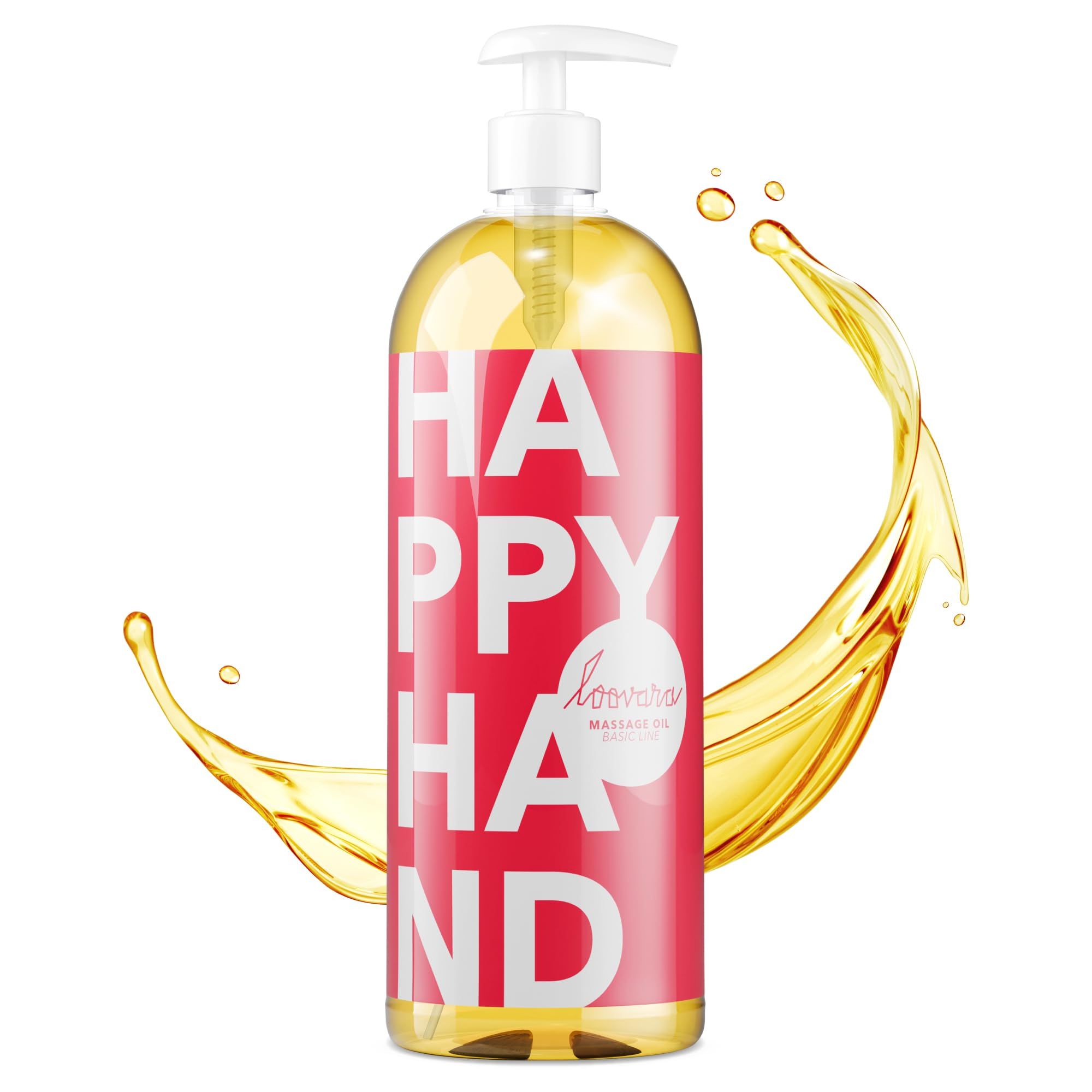 Bouteille d'huile de massage Loovara Happy Hand avec une éclaboussure d'huile s'enroulant autour.