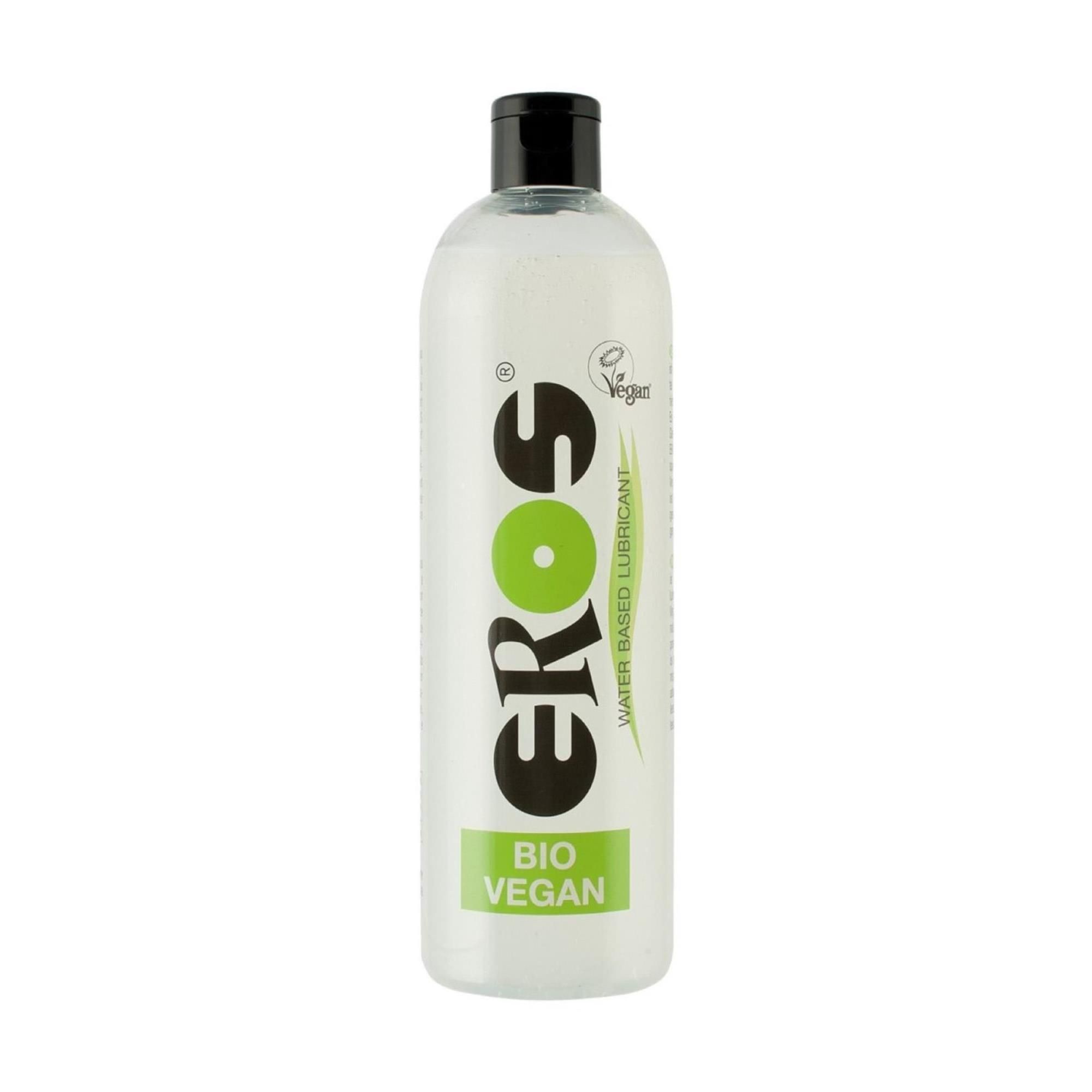 Flacon avec bouchon noir. Inscription : EROS, BIO VEGAN. Couleurs vert et blanc. Label vegan.
