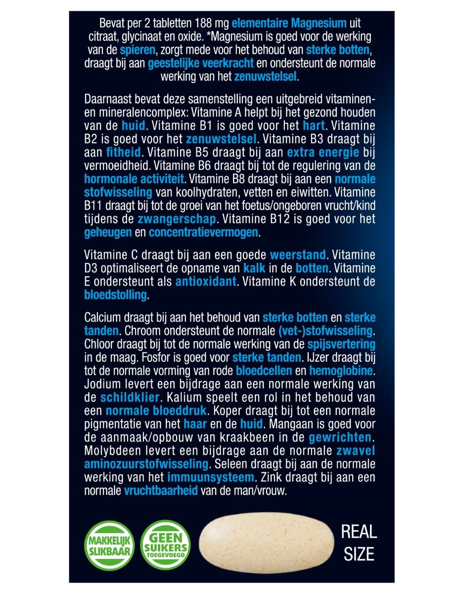 Achterkant van de verpakking van Lucovitaal Magnesium, Vitaminen & Mineralen Compleet. Bevat informatie over ingrediënten en gebruik.