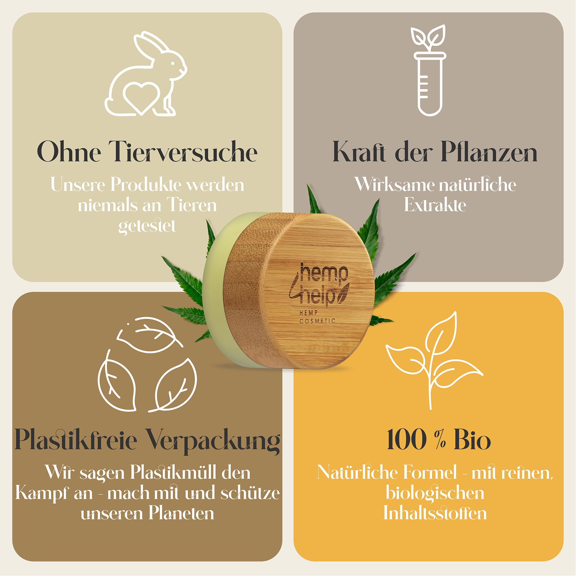 Pot de baume à lèvres avec couvercle en bois. Texte : Sans tests sur les animaux, pouvoir des plantes, emballage sans plastique, 100% bio.